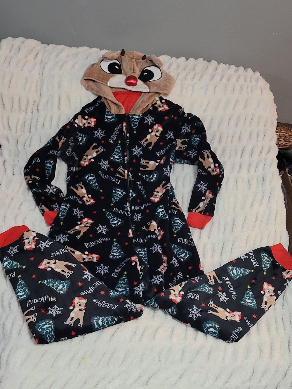 ADULT Rudolph Hooded Pajama Onesie - Navy with Red Trim And Pockets